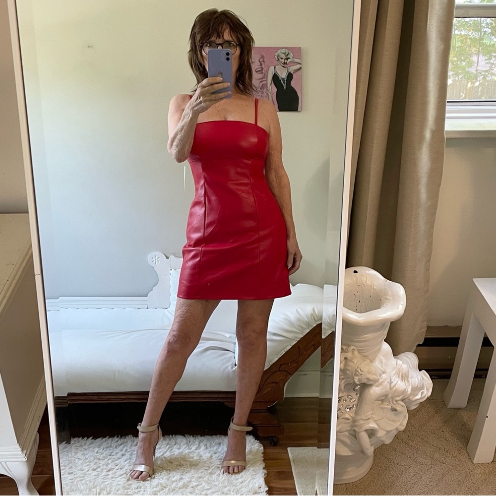 NWT LIPSTICK RED FAUX LEATHER DRESS ADJUSTABLE STRAPS EXPOSED BACK ZIPPER